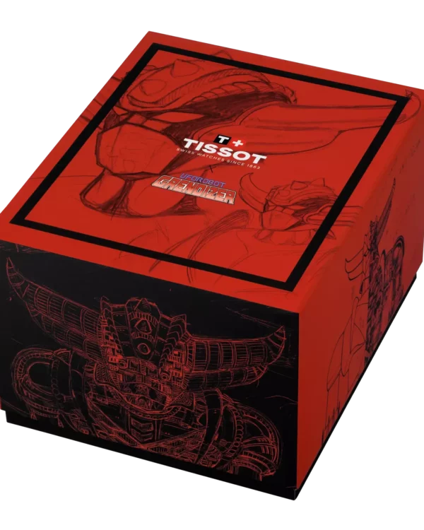 Boîte collector rouge et noire de la Tissot PRX UFO Robot Goldorak, décorée d’illustrations de Goldorak et du logo Tissot.