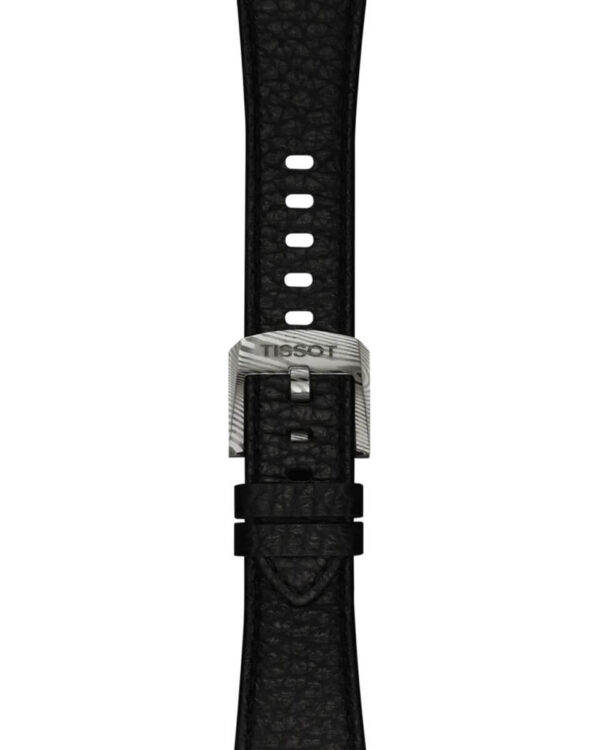 Bracelet en cuir noir de la montre Tissot PRX Powermatic 80 Acier Damas, avec boucle ardillon en acier damas gravée du logo Tissot.