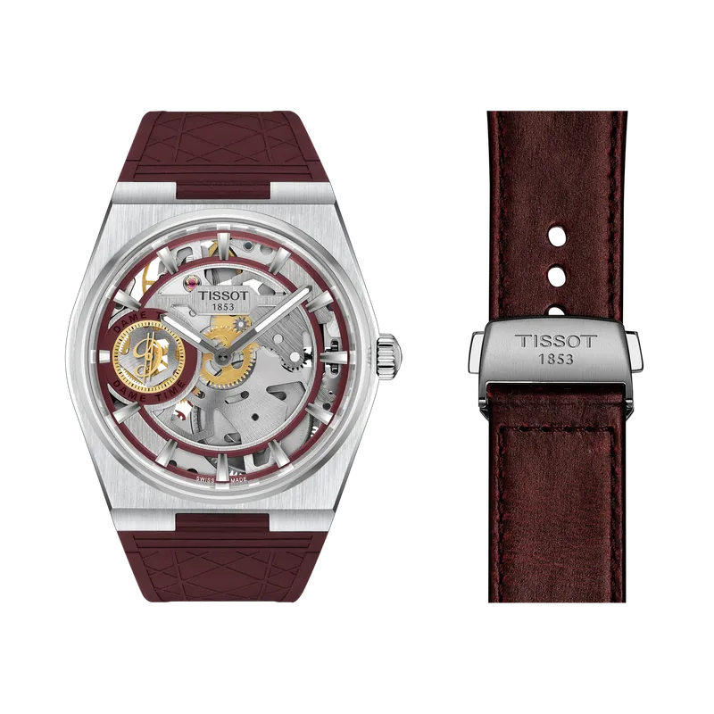 skeleton dial and burgundy strap